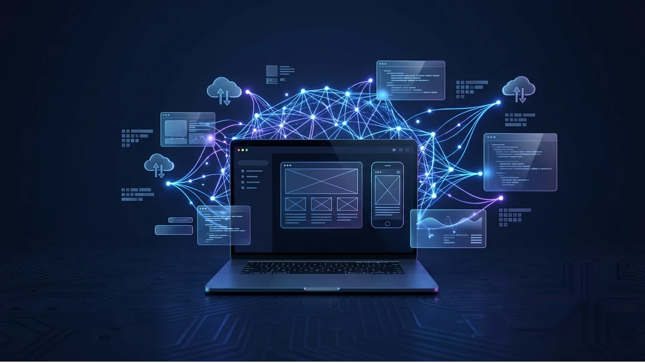 Illustration of a laptop surrounded by connected web, mobile, code, and cloud interfaces